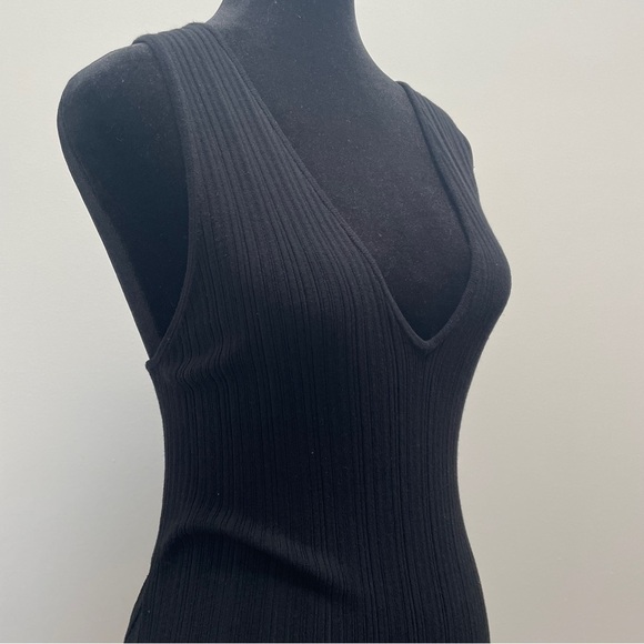 Michael Costello x Revolve- Black Variegated Rib Bodycon Dress V Neck Side Slit - Picture 7 of 12